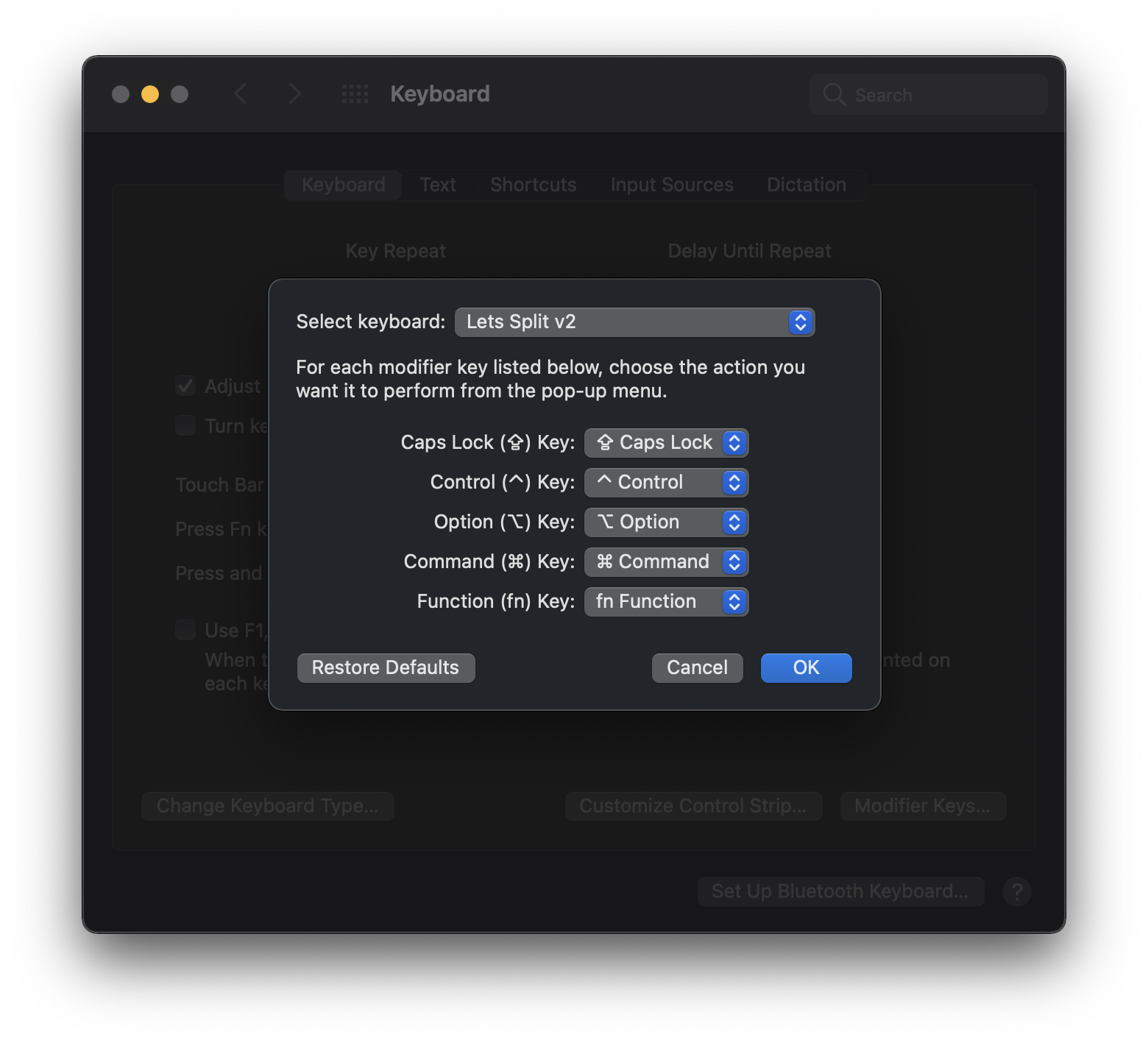 macOS keyboard settings screen