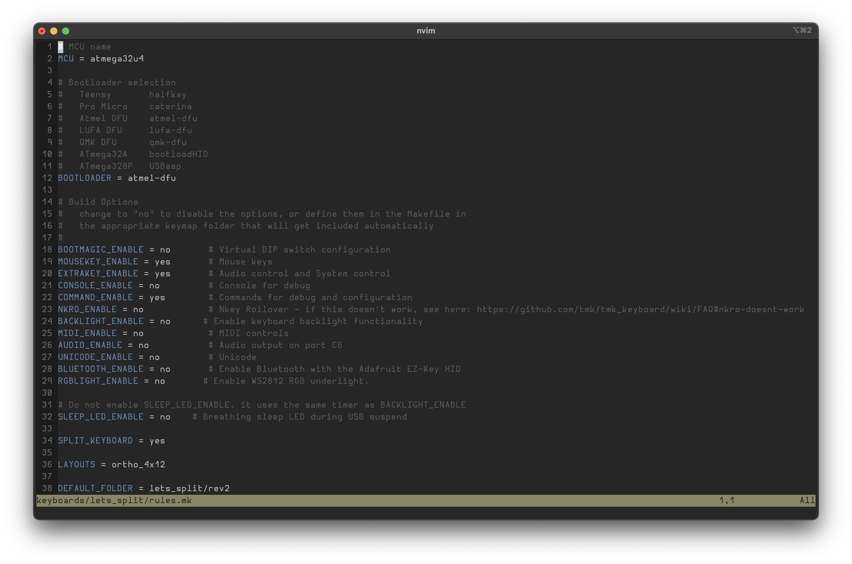 rules.mk file open in vim with BOOTLOADER set to atmel-dfu