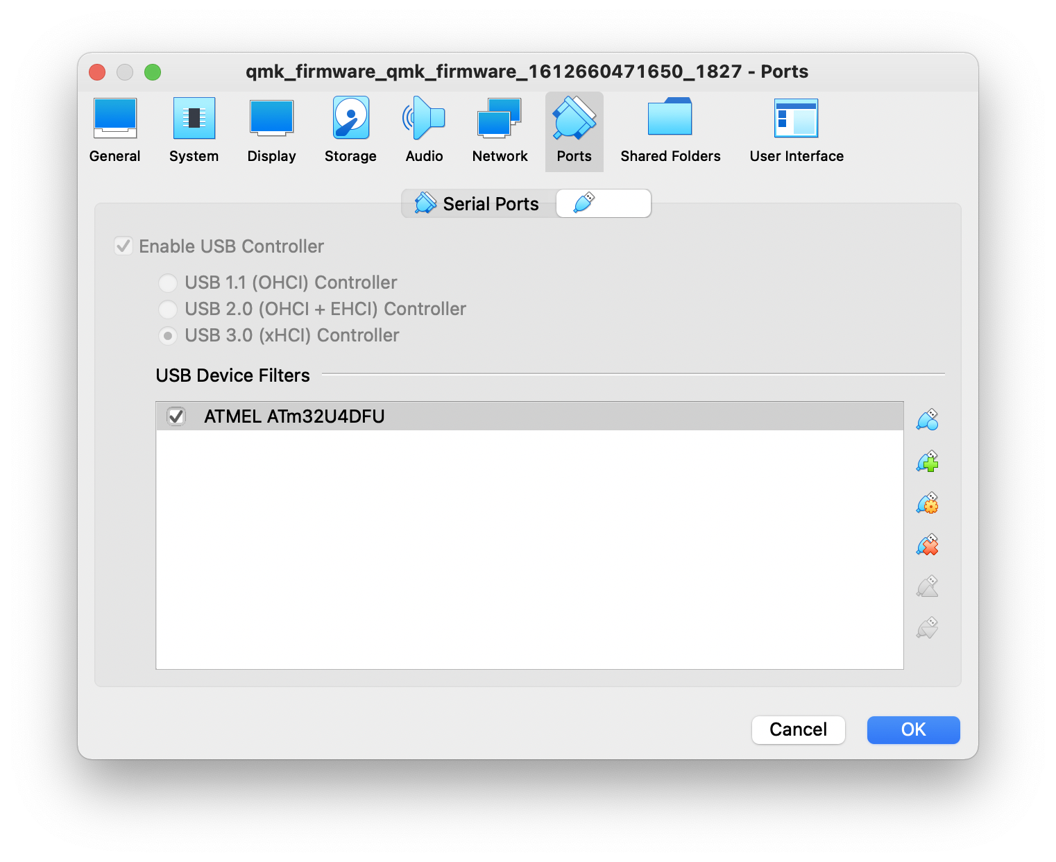 VirtualBox USB settings screen